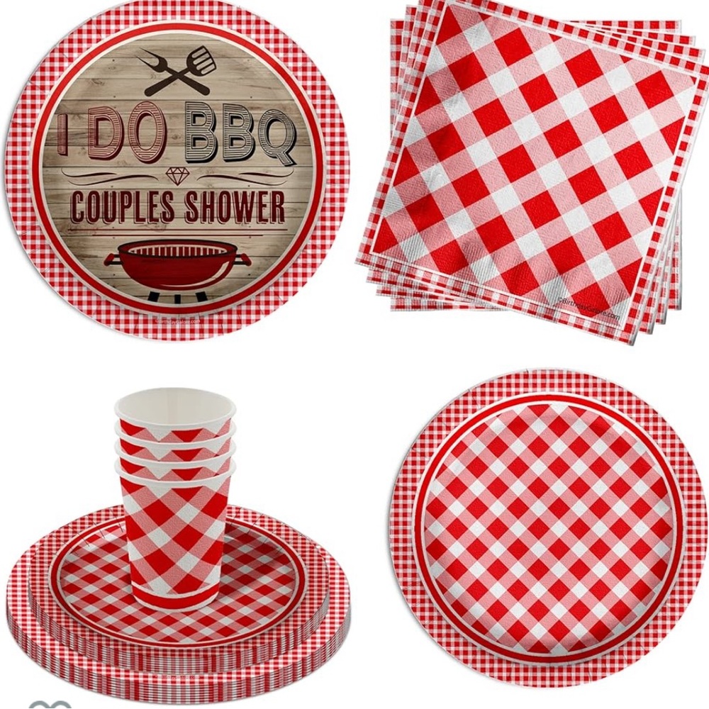 🆓💍64 PCS I DO BBQ PLAID CUPS PLATES &&& NAPKINS LUNCH BRUNCH DINNER SET 🆓w$38
